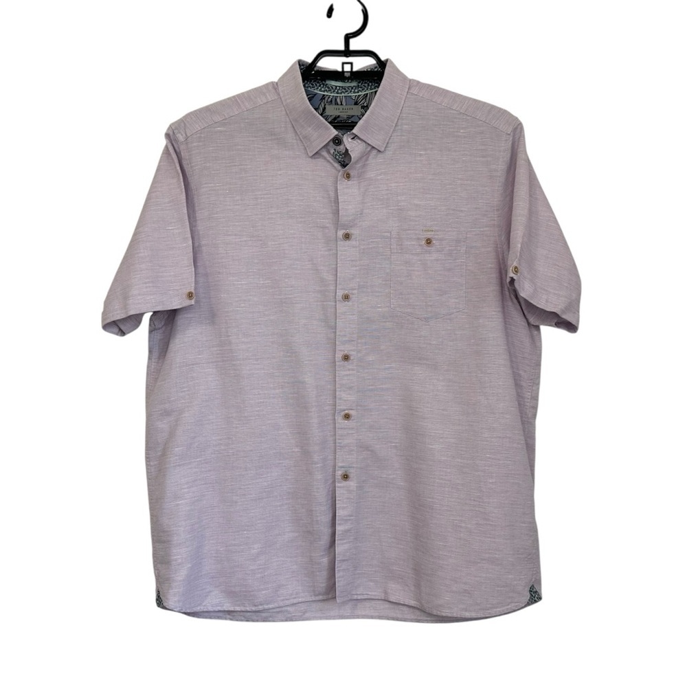 Ted Baker Mens Clion Short Sleeve Linen Cotton Button Up Shirt Sz 7 (3XL) Purple